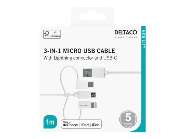 DELTACO - Lightning-kabel - USB hann til Micro-USB type B, Lightning, USB-C hann - 1 m - svart