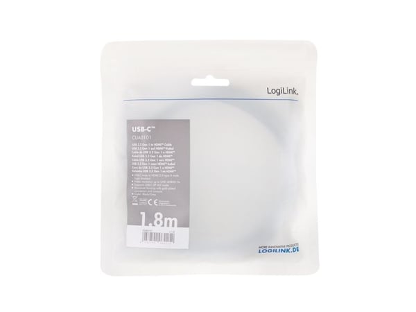 LogiLink CUA0101, USB 3.2 Gen1 Type-C, HDMI-A, 1,8 m, Sort, Grå