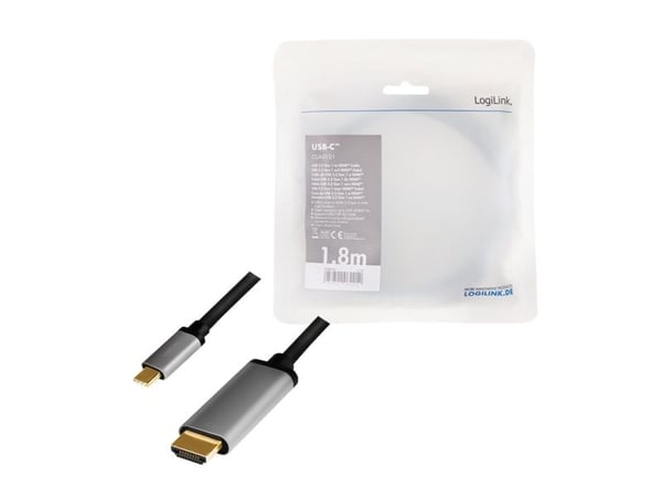 LogiLink CUA0101, USB 3.2 Gen1 Type-C, HDMI-A, 1,8 m, Sort, Grå