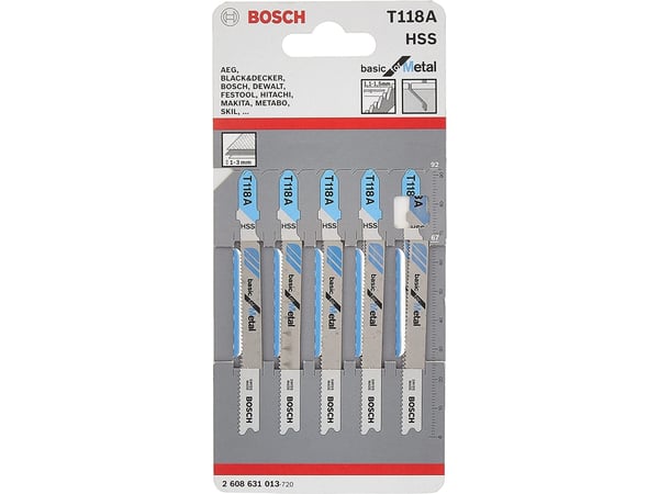 Bosch speed for Metal T 121 AF - stikksagblad - for tynne metallplater, perforerte stålplater - 5 deler - T-skaft - lengde: 92 mm (2608636699)