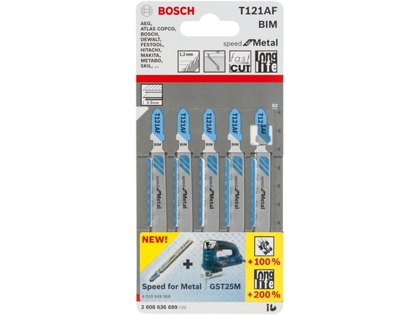Bosch speed for Metal T 121 AF - stikksagblad - for tynne metallplater, perforerte stålplater - 5 deler - T-skaft - lengde: 92 mm (2608636699)