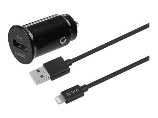 DELTACO USB-CAR130 - Bilstrømadapter - 12 watt - 2.4 A (USB) - på kabel: Lightning - svart