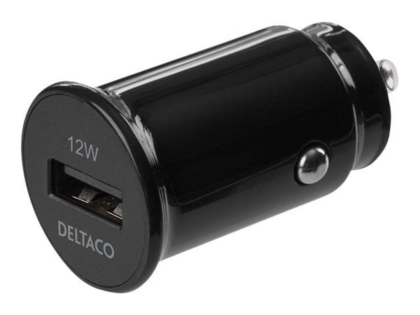 DELTACO USB-CAR130 - Bilstrømadapter - 12 watt - 2.4 A (USB) - på kabel: Lightning - svart