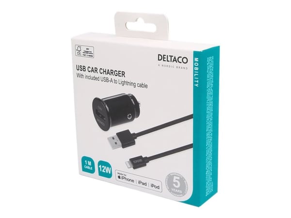 DELTACO USB-CAR130 - Bilstrømadapter - 12 watt - 2.4 A (USB) - på kabel: Lightning - svart