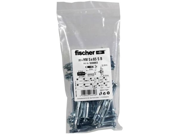 Fischer 538883, Skrue- og veggpluggsett, Gipsfiberplate, Metall, 65 mm, 1 cm, 2 cm