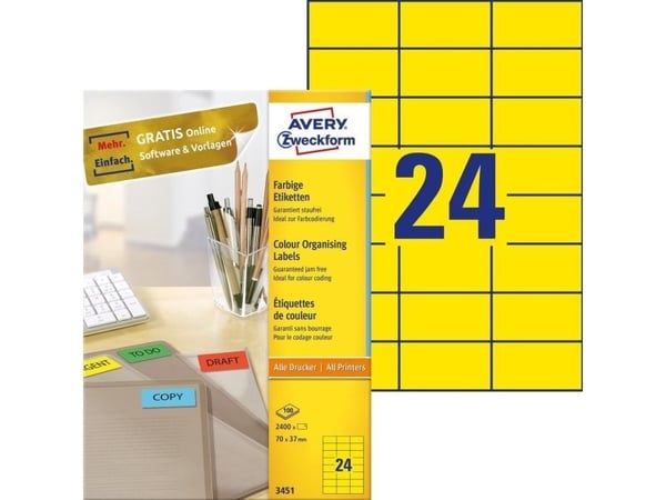 Avery - Gul - 70 x 37 mm 2400 etikett(er) (100 ark x 24) filmappeetiketter