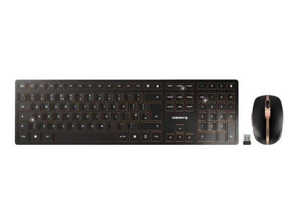 CHERRY DW 9100 SLIM - Tastatur- og mussett - trådløs - 2.4 GHz, Bluetooth 4.2 - QWERTY - Storbritannia - tastsvitsj: CHERRY SX - svart/bronse