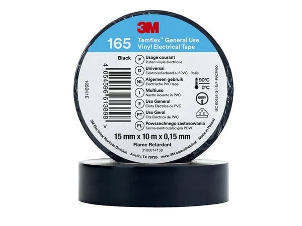 3M 165BK1E, 1 styck, Svart, PVC, 600 V, Blåsa, 10 m