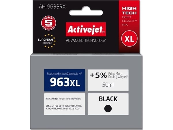 Activejet AH-963BRX-blekk for HP-skrivere, erstatning HP 963XL 3JA30AE; Premium; 2100 sider; svart, høy (XL) kapasitet, fargebasert blekk, 50 ml, 2...