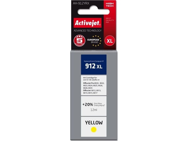 Activejet Tusz AH-912YRX (zamiennik HP 912XL 3YL83AE; Premium; 990 stron; zólty), Høyt (XL) utbytte, Gult, Fargestoffbasert blekk, 12 ml, 1 stykker...