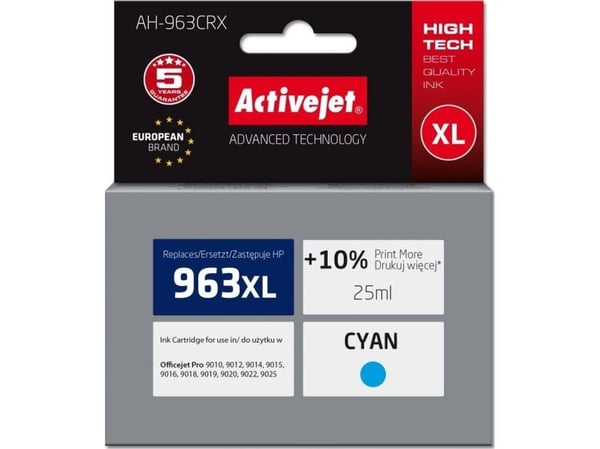 Activejet AH-963CRX blekk for HP-skrivere, Erstatning HP 963XL 3JA27AE; Premium; 1760 sider; blå, Høy (XL) kapasitet, Blå, Fargebasert blekk, 25 ml...