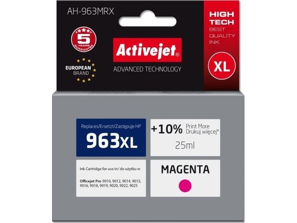 Activejet AH-963MRX-blekk for HP-skrivere, erstatning HP 963XL 3JA28AE; Premium; 1760 sider; lilla, høy (XL) kapasitet, fargebasert blekk, 25 ml, 1...