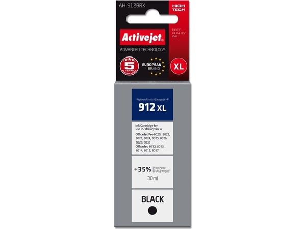 Activejet AH-912BRX-blekk for HP-skrivere, erstatning HP 912XL 3YL84AE; Premium; 1100 sider; svart, høy (XL) kapasitet, fargebasert blekk, 30 ml, 1...
