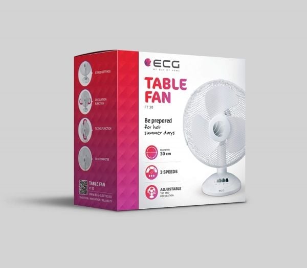 ECG FT 30A, Husholdningsvifte, Hvit, Gulv, Plast, 52 dB, 30 cm