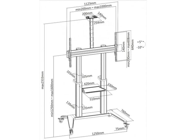 Techly ICA-TR49W, Multimediavagn, Vit, Gjuten aluminium, Plast, Stål, Plattskärm, 140 kg, 5 kg