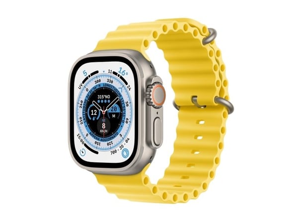 Apple Watch Ultra - 49 mm - titan - smartklokke med Havbånd - fluorelastomer - gul - håndleddstørrelse: 130-200 mm - 32 GB - Wi-Fi, LTE, UWB, Bluet...