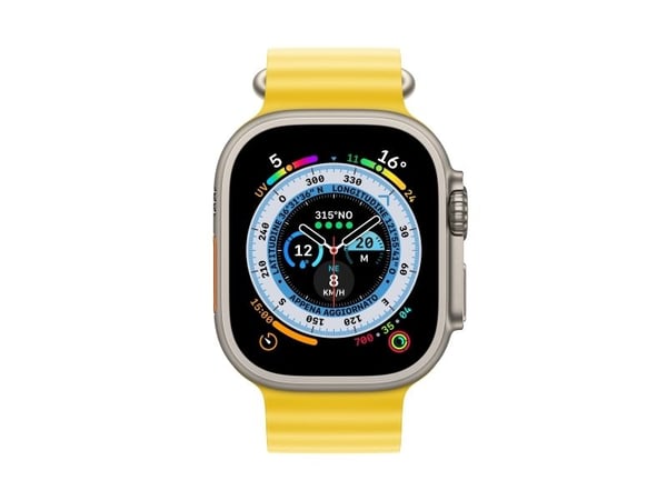 Apple Watch Ultra - 49 mm - titan - smartklokke med Havbånd - fluorelastomer - gul - håndleddstørrelse: 130-200 mm - 32 GB - Wi-Fi, LTE, UWB, Bluet...
