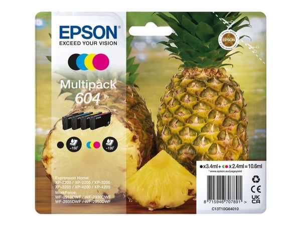 Epson 604, Perusvärintuotto, 3,4 ml, 2,4 ml, 4 kpl, Monipakkaus