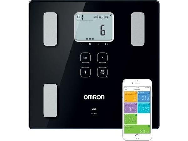 Omron VIVA, Sähkökäyttöinen henkilövaaka, 150 kg, 100 g, Musta, kg/lb, Neliö