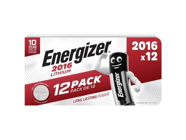 Knapcellebatteri, Energizer Lithium, CR2016, 12 stk