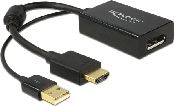 Delock 62667 HDMI / DisplayPort-sovitin [1x HDMI-stik - 1x DisplayPort-bøsning] Sort forgyldte stik, med ferritkerne 25.00 cm