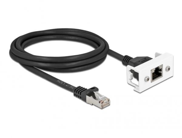 Delock - Nettverksforlengelseskabel - RJ-45 (hann) til RJ-45 (hunn) panelmonterbar - 2 m - S/FTP - CAT 6a - halogenfri, snap-in - svart/hvit