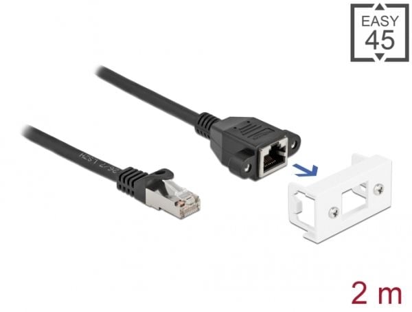 Delock - Nettverksforlengelseskabel - RJ-45 (hann) til RJ-45 (hunn) panelmonterbar - 2 m - S/FTP - CAT 6a - halogenfri, snap-in - svart/hvit