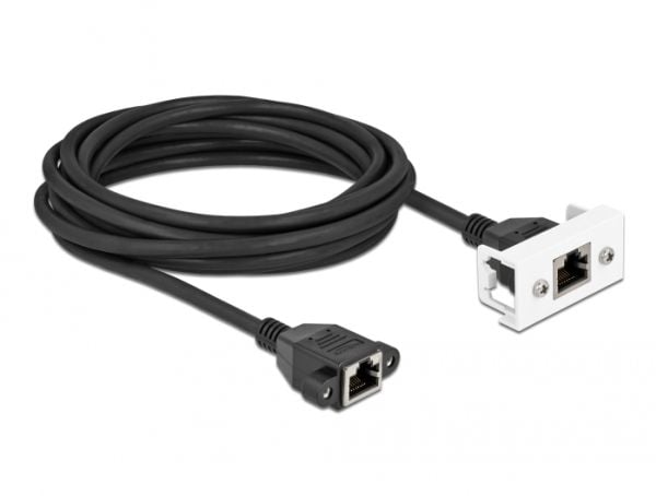 Delock - Nettverkskabel - RJ-45 (hunn) med mutre til RJ-45 (hunn) panelmonterbar - 5 m - S/FTP - CAT 6a - halogenfri, snap-in - svart/hvit