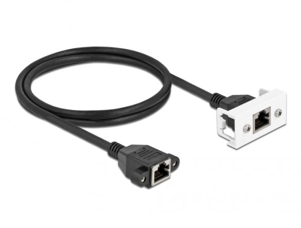 Delock - Nettverkskabel - RJ-45 (hunn) med mutre til RJ-45 (hunn) panelmonterbar - 1 m - S/FTP - CAT 6a - halogenfri, snap-in - svart/hvit