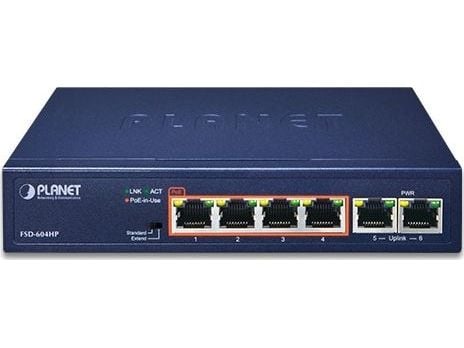 PLANET FSD-604HP, Uhåndtert, Fast Ethernet (10/100), Full tosidig, Strøm over Ethernet (PoE)