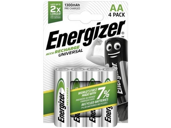Energizer RECHARGE UNIVERSAL, Oppladbart batteri, AA, Alkalinsk, 4 stykker, 1300 mAh, Grønn, Sølv