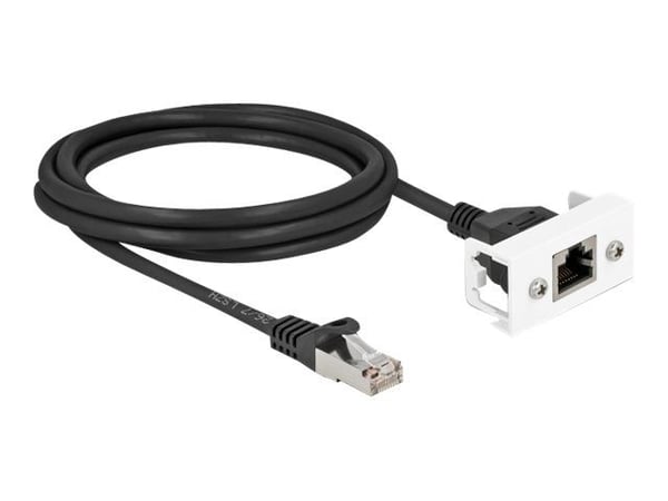 Delock - Nettverksforlengelseskabel - RJ-45 (hann) til RJ-45 (hunn) panelmonterbar - 2 m - S/FTP - CAT 6a - halogenfri, snap-in - svart/hvit