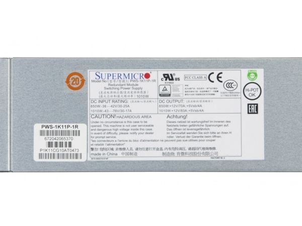 Supermicro PWS-1K11P-1R, 850W, 1010W, 30 - 17A, 83A, 4A, 90 %