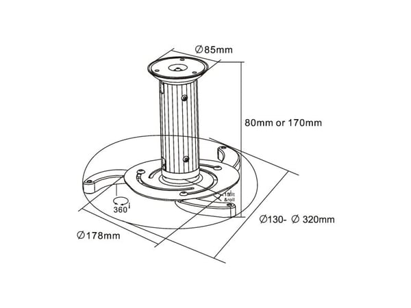 InLine 23134A, Tak, 10 kg, Sort, 130 - 200 mm, 0 - 180°, 180°