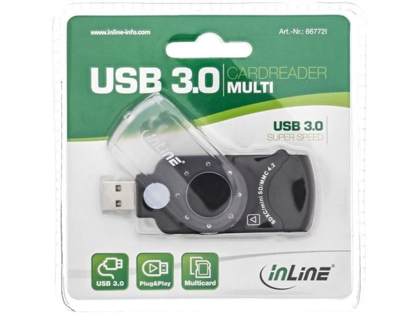 InLine 66772I, MMC, MMC Mobile, MMC+, MMCmicro, MicroSD (TransFlash), MicroSDHC, MicroSDXC, MiniSD, MiniSDHC,..., Svart, 5000 Mbit/s, USB 3.2 Gen 1...