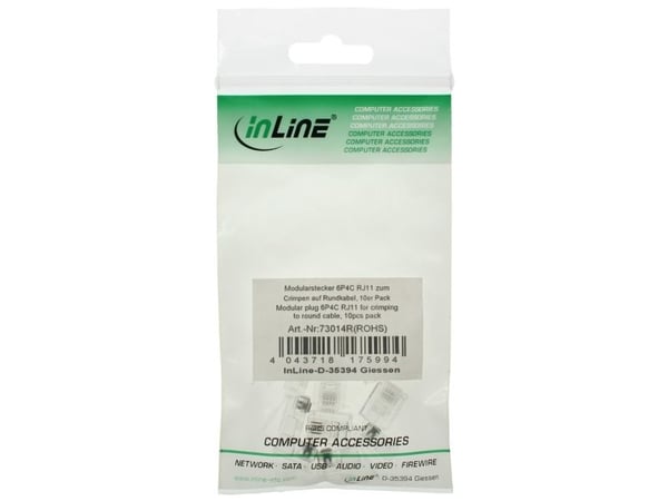 InLine 73014R, RJ-11, Gjennomsiktig, Hvit, Plast, 9 g, 1,1 mm, 10 stykker
