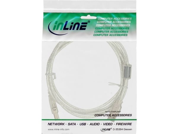 InLine 34555, 5 m, USB A, USB B, Uros/uros, 0,48 Gbit/s, Läpinäkyvä