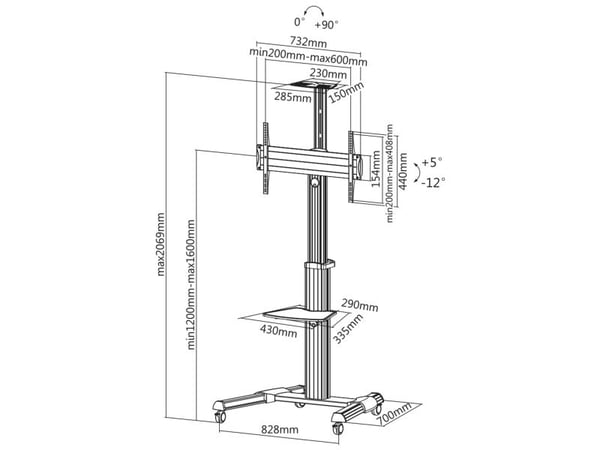 InLine 23170A, 2 hyller, 50 kg, 94 cm (37"), 200 x 200,300 x 300,400 x 200,400 x 400,600 x 400, -12 - 5°, 21,2 kg