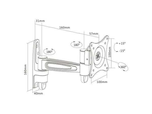 InLine 23106D, 75 x 75 mm, 100 x 100 mm, -15 - 15°, -90 - 90°, Aluminium, Svart