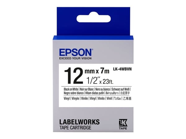 Epson LK-4WBVN - Vinyl - svart på hvitt - Rull (1,2 cm x 7 m) 1 kassett(er) merketape - for LabelWorks LW-1000, LW-300, LW-400, LW-600, LW-700, LW-...