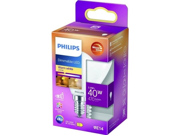 Philips - LED-lyspære - form: P45 - mattslipt finish - E14 - 3.4 W (ekvivalent 40 W) - klasse D - varmt hvitt lys - 2200-2700 K