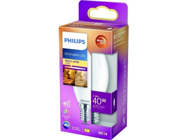 Philips - LED-lyspære - form: B35 - mattslipt finish - E14 - 3.4 W (ekvivalent 40 W) - klasse D - varmt hvitt lys - 2200-2700 K