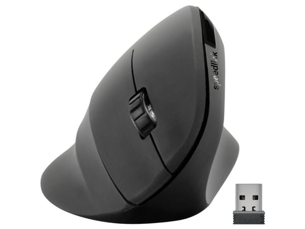 SPEEDLINK PIAVO - Vertikal mus - ergonomisk - høyrehendt - optisk - 5 knapper - trådløs - 2.4 GHz - USB trådløs mottaker - gummisvart - hengeboks