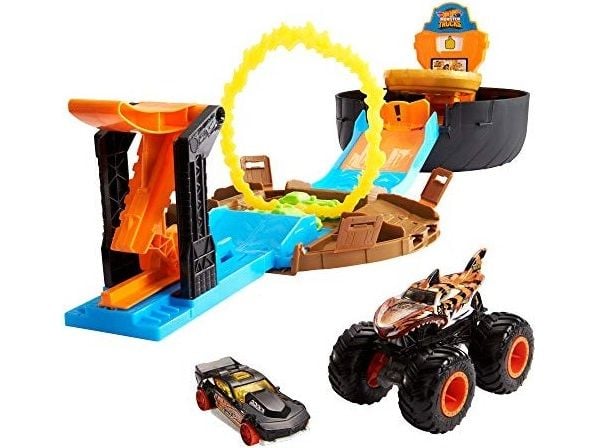 Hot Wheels Monster Trucks Stunt Tire-lekset med avfyrare, en Hot Wheel-bil i skala 1:64 och en Monster Truck, Set med monstertruck och bana, 4 År, ...