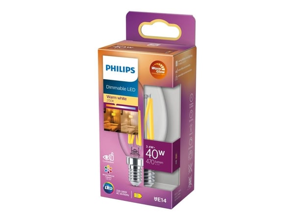 Philips - LED-filamentlyspære - form: B35 - klar finish - E14 - 3.4 W (ekvivalent 40 W) - klasse D - varmt hvitt lys - 2200-2700 K