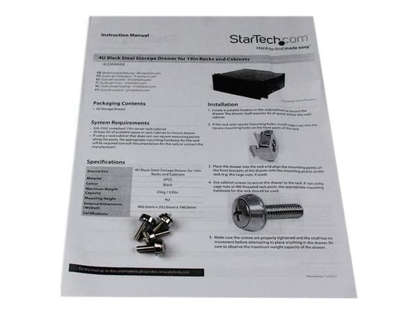 Startech 4U Black Steel Storage Drawer for 19in Racks and Cabinets - Rack storage drawer - 4U - 4UDRAWER - Lagerskuff til rack - 4U - for P/N: CABS...