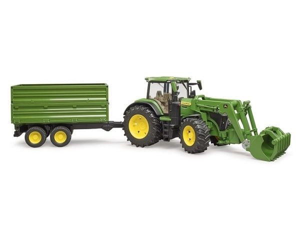 Bruder John Deere 7R 350 tractor with frontloader and tipping trailer toy