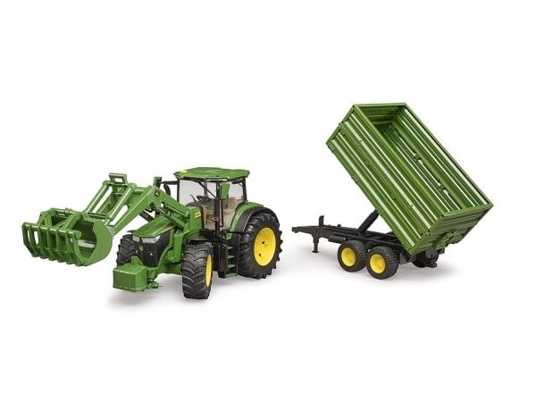 Bruder John Deere 7R 350 tractor with frontloader and tipping trailer toy