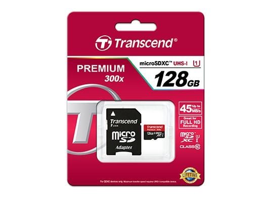 Transcend Premium - Flashminnekort (microSDXC til SD-adapter inkludert) - 128 GB - UHS Class 1 / Class10 - 300x - microSDXC