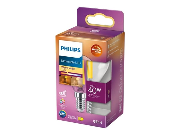 Philips - LED-filamentlyspære - form: P45 - klar finish - E14 - 3.4 W (ekvivalent 40 W) - klasse D - varmt hvitt lys - 2200-2700 K